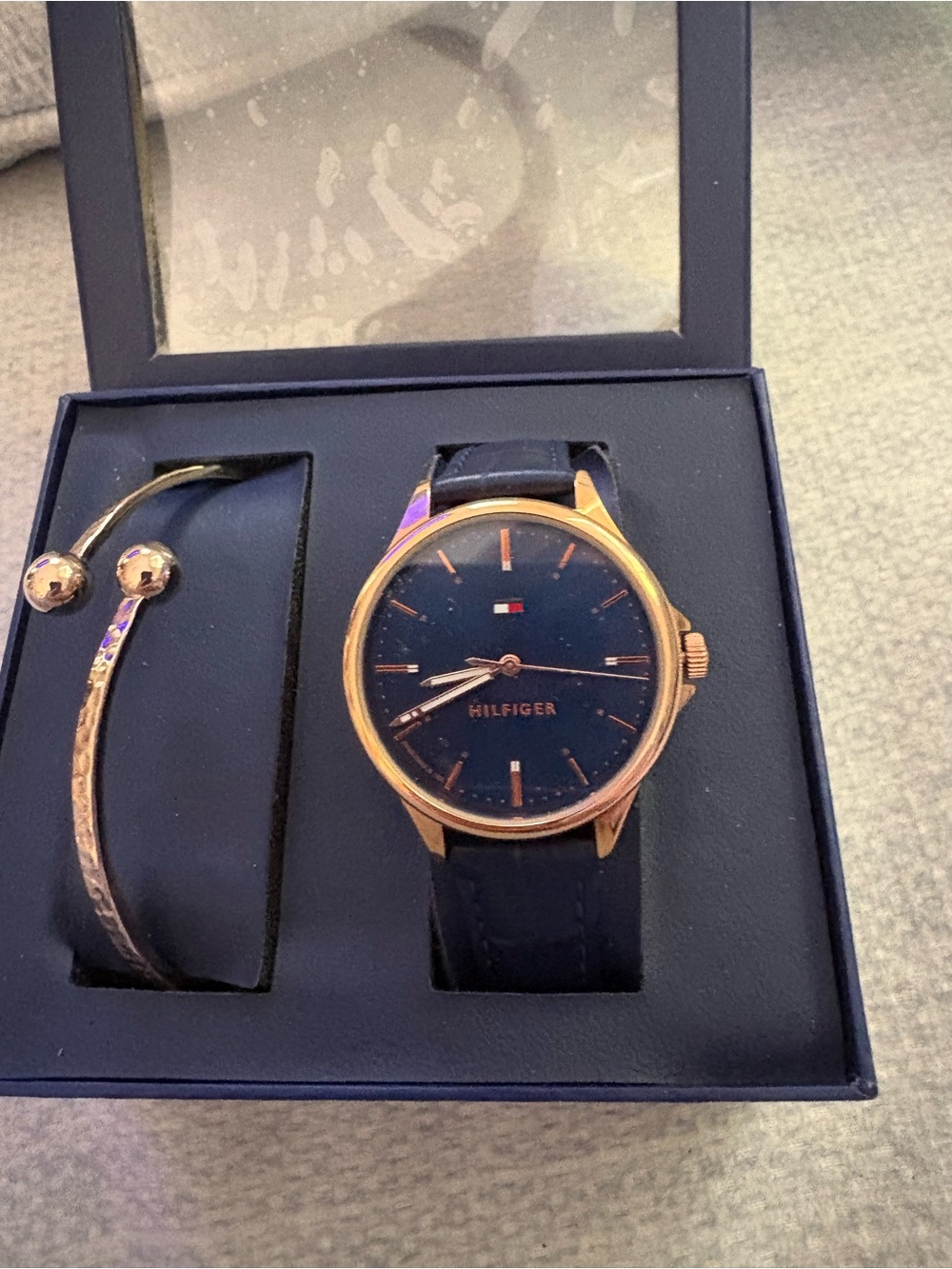 Tommy Hilfiger Navy Dial Rose Gold-Tone Case Leather Strap Watch